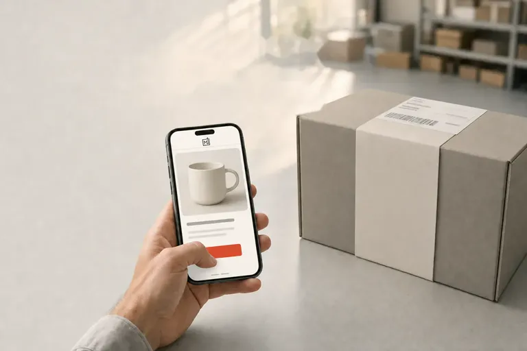Dłoń trzyma telefon z ofertą produktu, obok na jasnym blacie stoi markowe pudełko z tłoczonym sygnetem — ten sam produkt w dwóch kanałach sprzedaży.