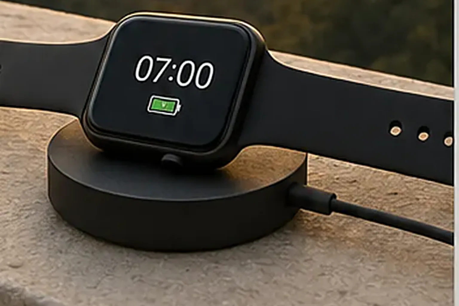 Smartwatch na ładowarce na kamiennym parapecie o poranku, w tle zielone wzgórza — przykład sceny hero zbudowanej z produktu i jednego zastosowania.
