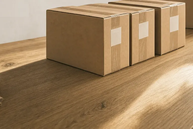 Trzy kartonowe paczki z białymi etykietami na dębowym blacie, obok taśma i stos kopert — początek drogi: produkt, który już się sprzedaje.
