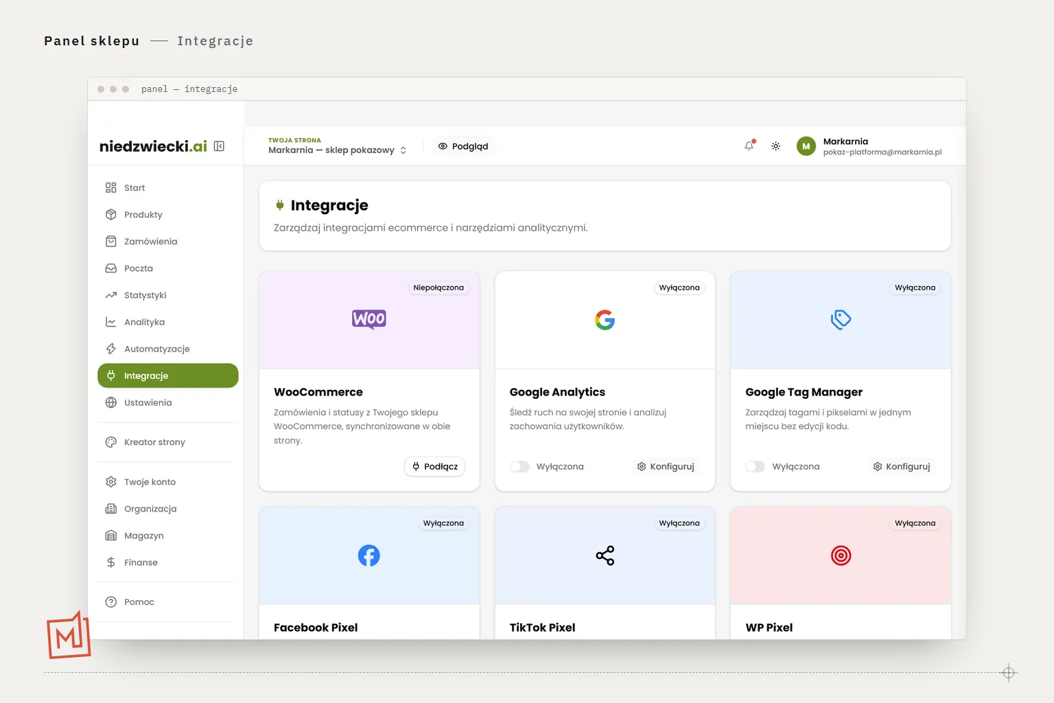 Zrzut zakładki Integracje w panelu sklepu: przełączniki pikseli Meta, TikTok, Google Analytics i Tag Manager.