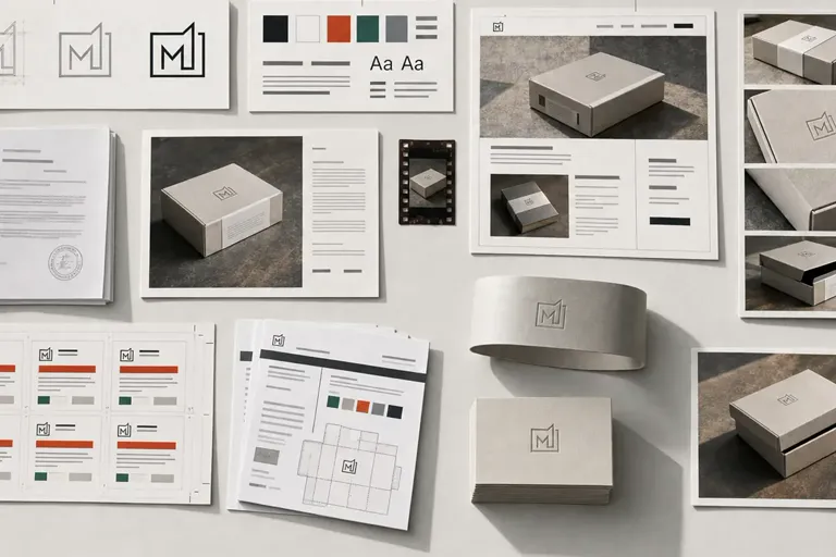 Flat-lay materiałów marki na jasnym blacie: arkusz ze znakiem, karta kolorów i typografii, etykiety, banderola i wydruk projektu strony.