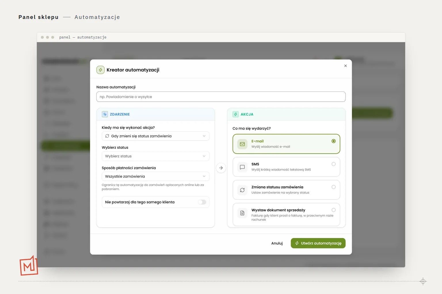 Zrzut kreatora automatyzacji w panelu: zdarzenie, warunek, akcja — reguła wysyłająca e-mail po zmianie statusu zamówienia.